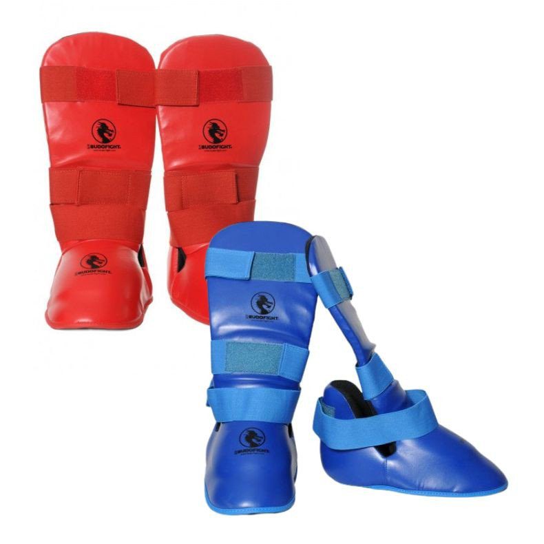La Boutique Karate. La Boutique Accessoires. Protège-tibias & pieds Karaté contact de couleur bleue ou rouge.