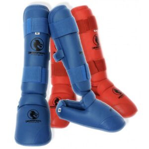 La Boutique Karate. La Boutique Accessoires. Protège-tibias & pieds Karate de couleur bleue ou rouge.